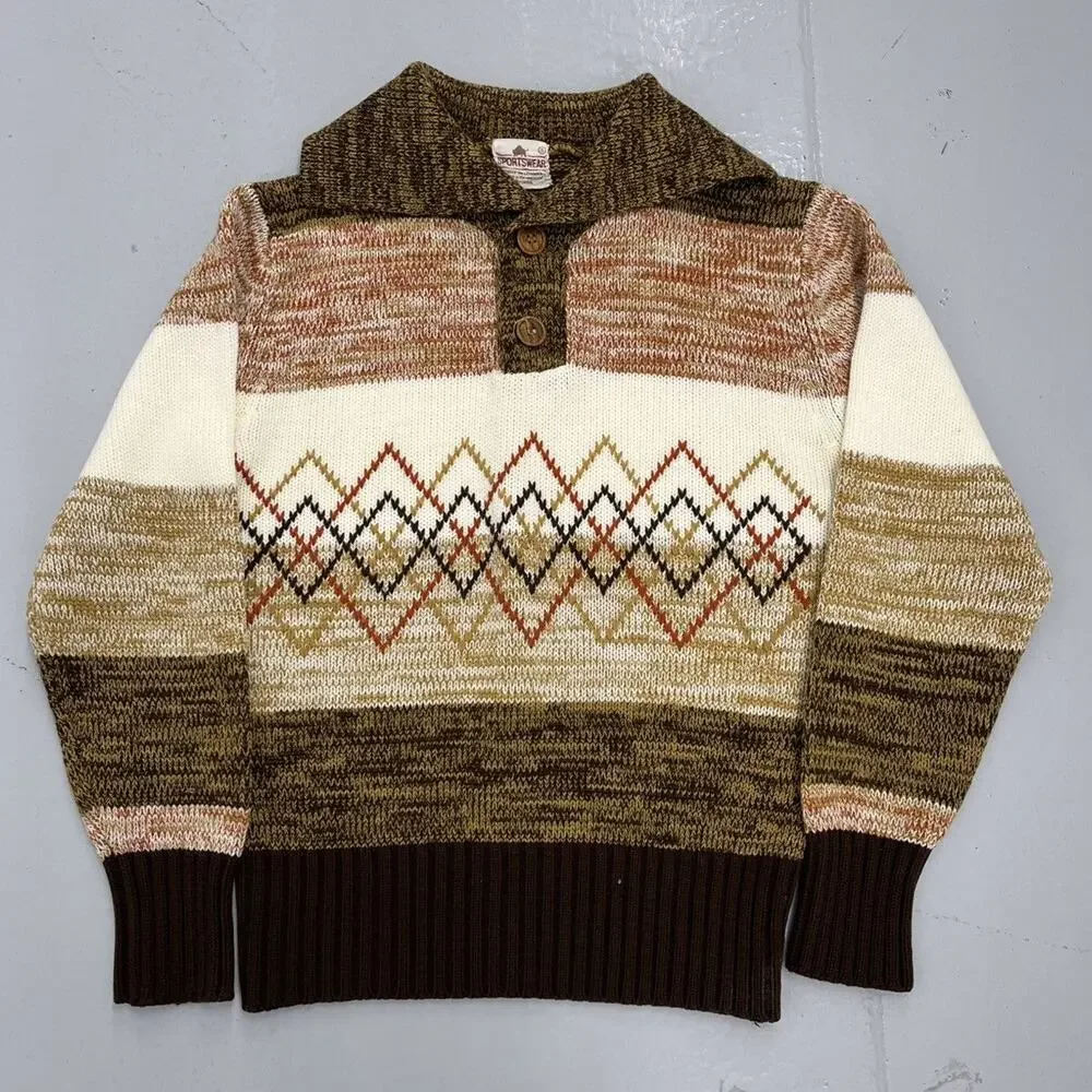 Vintage 60s Sportswear Beige Aztec Pattern Collared Sweater